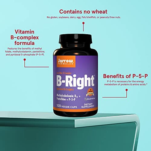 Jarrow Formulas B-Right - 100 Veggie Caps - Low-Odor Vitamin B-Complex Formula - Energy & Metabolism Support - Promotes Brain, Heart & Cardiovascular Health - 100 Servings