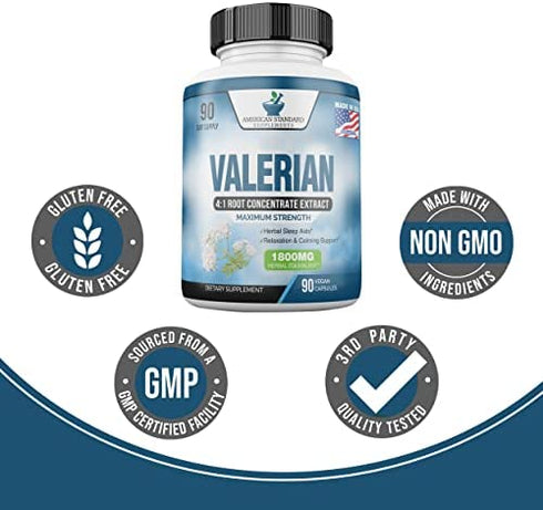 Valerian Root Capsules Organic 1800mg, Natural Sleep Aid, Sleeping Supplements, Alternative to Melatonin Gummies, 90 Veggie Caps, 3 Month Supply