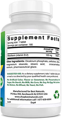 Best Naturals Vitamin B2 (Riboflavin) 100 mg 180 Tablets - Premium Formula - 3rd Party Lab Tested