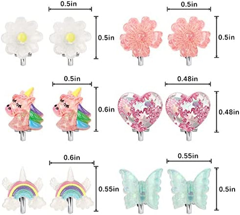 6Pairs Crystal Unicorn Clip On Earrings for Little Girls, Rainbow Earrings Butterfly Earrings Toddler Girls Dress Up Jewelry …