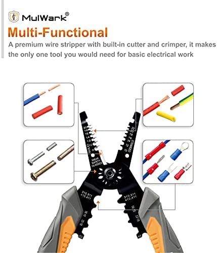 MulWark 8" Heavy Duty Multi-Purpose Electrical Wire Stripping Tool (22 AWG - 8 AWG) Strippers, Snips, Crimpers & Pliers Insulated with Cutter, Best Tool For Professional Electrician - Upgraded