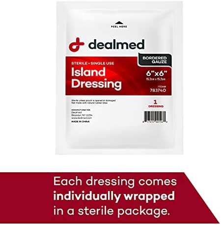 Dealmed Sterile Bordered Gauze Island Dressings – 25 Count, 6" x 6" Gauze Pads, Disposable, Latex-Free, Adhesive Borders with Non-Stick Pads, Wound Dressing for First Aid Kit and Medical Facilities