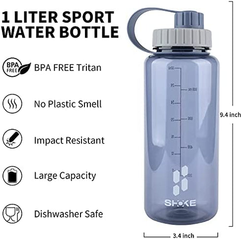 SHOKE 1 Liter Water Bottle, 32oz BPA Free Non-Toxic Tritan Wide Mouth Leakproof Large Sports Water Bottles with Handle, Gym Space Cup For Fitness Yoga Workouts Hiking with Sponge Bottle Brush