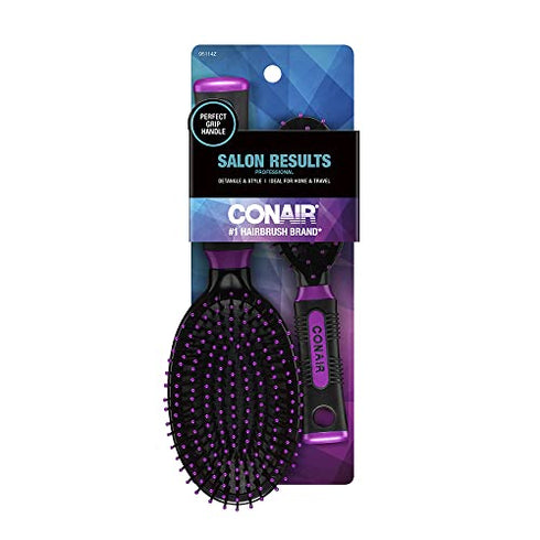 Conair Salon Results Hairbrush, 1 Travel Hairbrush and 1 Full-Sized Brush Included, Hairbrushes for Women and Men, Color May Vary, 2 Pack