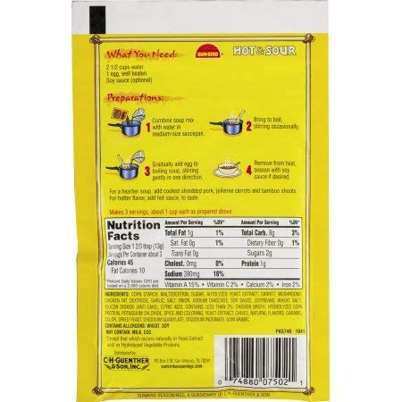 Sunbird Hot & Sour Soup Mix Packets - Asian Soup Recipe - 1.34 Ounce Each Packet (Pack of 4)