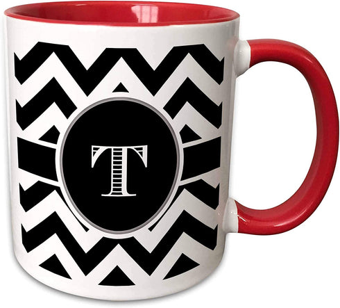 3dRose Chevron Monogram Initial T Mug, 11 oz, Black/White/Red