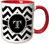 3dRose Chevron Monogram Initial T Mug, 11 oz, Black/White/Red