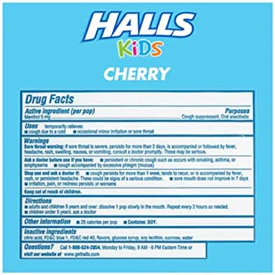 Halls Kids Cough & Sore Throat Cherry Pops,10 Pops Each (Pack of 2)