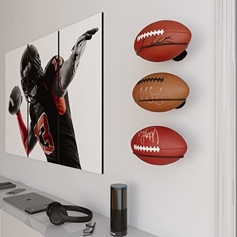 Wallniture Sporta Wall Mount Football Rack, Ball Holder Organization and Storage Rack, Sports Room Decor, Steel, Black