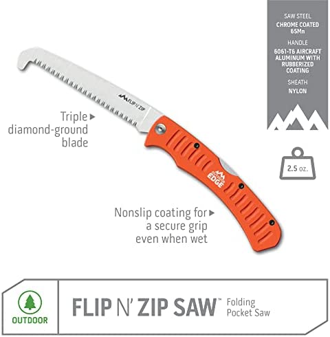 Outdoor Edge 4.5" Flip N' Zip Saw - Lightweight Folding Aluminum Handle Outdoor-Hunting Saw with 65Mn Spring Steel Blade and Triple Ground Saw Teeth for Bone and Wood with Mossy Oak Nylon Sheath