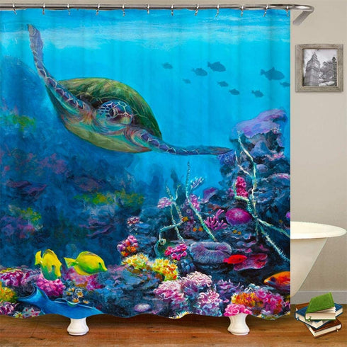 FINLI Sea Turtle Shower Curtain, Watercolor Marine Life Turtle Fishes and Coral Reef Underwater Ocean Waterproof Polyester Fabric Bathroom Bath Curtain Set with Hooks 72x72 inch