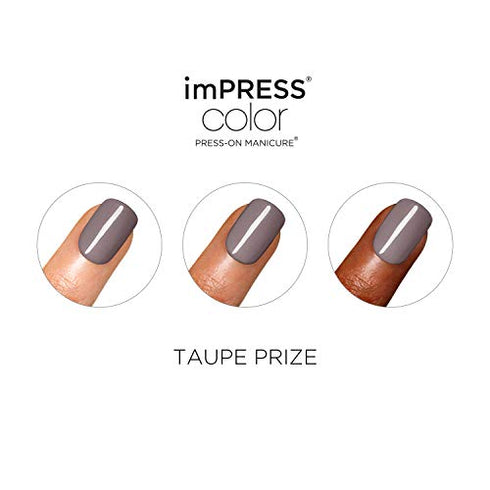 KISS imPRESS Color Press-On Nails, Gel Nail Kit, PureFit Technology, Short Length, “Taupe Prize”, Polish-Free Solid Color Manicure, Includes Prep Pad, Mini Nail File, Cuticle Stick, and 30 Fake Nails