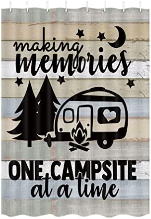 Camper RV Shower Curtains for Bathroom, Farmhouse Camping Fabric Shower Curtain Accessories for Travel Trailers, Happy Camp Decorations Bathroom Set Decor Hooks Included (47" W X 64" H)