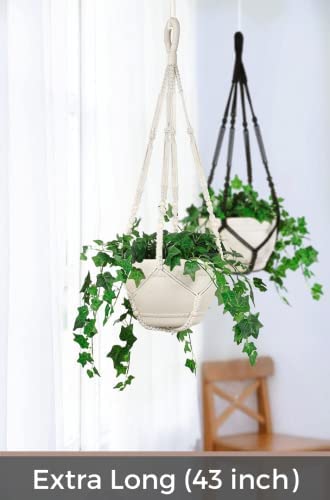 Shineloha 43 Inches Macrame Plant Hanger Large for up to 12 inch Pot Extra Long + Hook | No Tassel, Cotton Rope Hanging Plant Holder with Swag Hook, NO Plant/Pot Included (White)