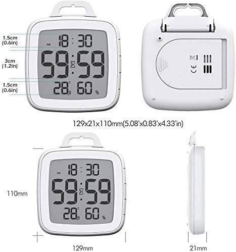 Number-one Shower Clock Digital Bathroom Countdown Clock Battery Operated Kitchen Wall Timer Clock, Waterproof for Water Spray, Large LCD Screen, Temperature Humidity Display for Shower Cooking, White