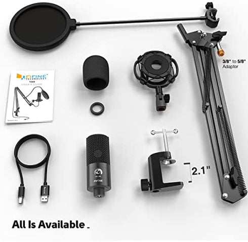 FIFINE Studio Condenser USB Microphone Computer PC Microphone Kit with Adjustable Scissor Arm Stand Shock Mount for Instruments Voice Overs Recording Podcasting YouTube Karaoke Gaming Streaming-T669