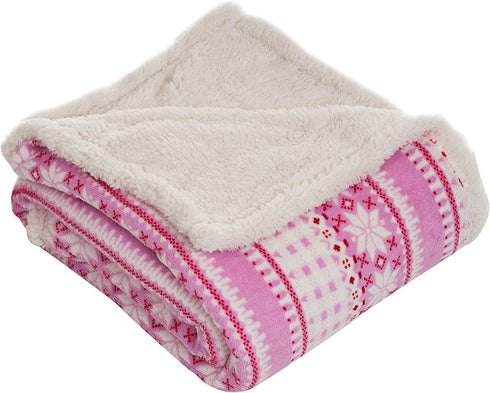 Lavish Home Pink Fleece Sherpa Blanket Throw Snowflakes, 50" x 60"