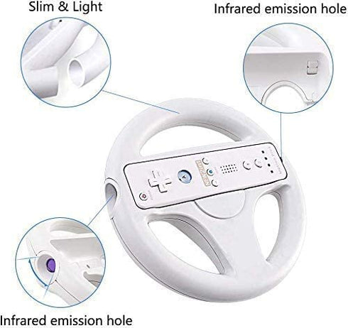 Steering Wheel for Wii Controller, 2 pcs White Racing Wheel Compatible with Mario Kart, GEEKLIN Game Controller wheel for Nintendo Wii Remote Game-White