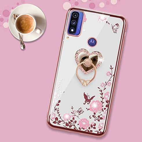 B-wishy for Motorola Moto G Pure Case.Moto G Power Case 2022 for Women, Glitter Crystal Butterfly Heart Floral Slim TPU Luxury Bling Cute Cover with Kickstand+Strap for Motorola Moto G Pure(Rose Gold)