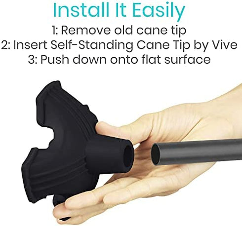 Vive Cane Tip - Quad Rubber Replacement Foot Pad for Walking Canes - Stable Four Point, Self Standing Quadruple Tripod Stand for Cane - Universal 4 Leg Attachment for Walking Stick (Black)