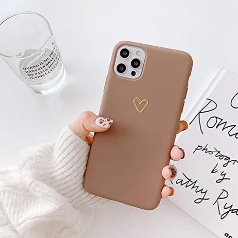 Ownest Compatible with iPhone 12 Case, 12 Pro Case for Soft Liquid Silicone Heart Pattern Slim Protective Shockproof Case for Women Girls for iPhone 12/12 Pro-Brown