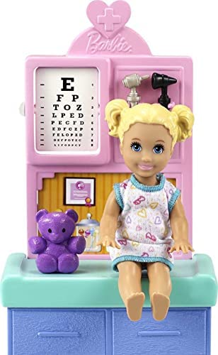 Barbie Pediatrician Playset, Brunette Doll (12-in), Exam Table, X-ray, Stethoscope, Tool, Clip Board, Patient Doll, Teddy Bear, Great Gift for Ages 3 Years Old & Up , White