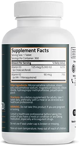 Bronson Vitamin K2 D3 (MK7) Supplement Bone and Heart Health Non-GMO Formula 5000IU (125 mcg) Vitamin D3 & 90 mcg Vitamin K2 MK-7 Easy to Swallow Vitamin D & K Complex, 360 Tablets