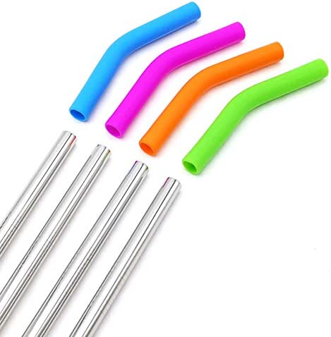 Big Drinking Straws Reusable 14.5" Extra Long 8mm Extra Wide Food-Grade 18/8 Stainless Steel Silicone Elbows Tips for Smoothie Milkshake Cocktail Juice Hot Drinks - Set of 4 + 2 Cleaning Brushes