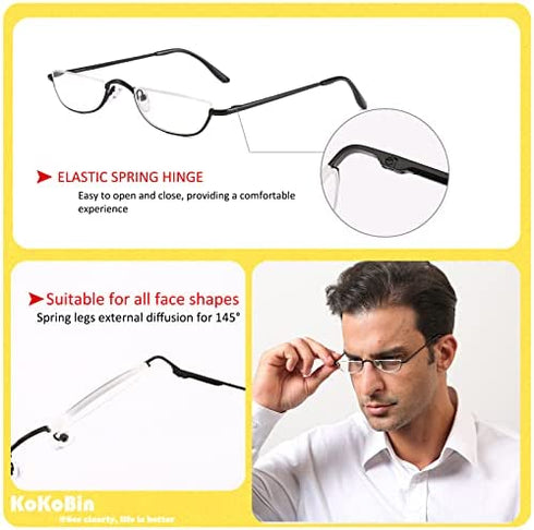 KoKoBin Half Reading Glasses - 2 Pairs Half Rim Metal Frame Glasses Spring Hinge Readers for Men and Women, Black+Gunmetal 2.00