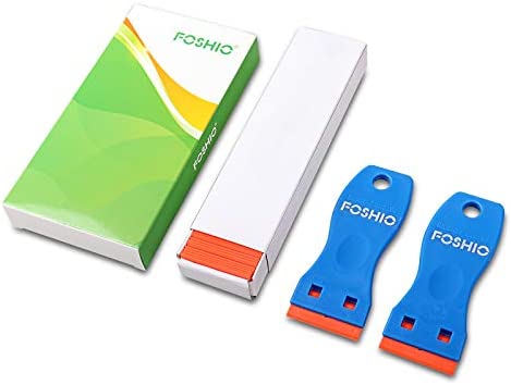 FOSHIO Plastic Razor Blade Scraper Include 2PCS Scraper Tool and 100PCS Blades for Gasket Remover, Labels Decal and Adhesive Remover for Windows and Glass,Blue