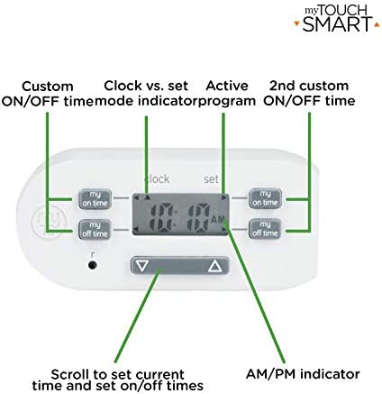 myTouchSmart Indoor Digital Plug-in Timer, 1 Outlet Polarized, 4 Programmable On/Off Buttons, Space Saving Bar Design, for Lamps, Seasonal Lighting, and Other Small Appliances, 36253, 1 Pack, White