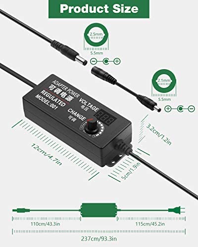 JOVNO Universal Power Supply 3V-24V 2A 48W Adjustable AC/DC Adapter 100~240V AC to DC 5V 9V 12V 15V 19V 20V with LED Display 14 Plugs 1 Reverse Polarity Converter Cable for LED Strips Motors Speaks