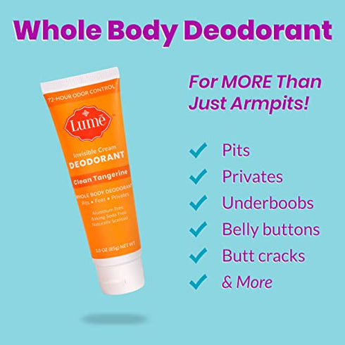 Lume Deodorant Cream Tube - Underarms and Private Parts - Aluminum Free, Baking Soda Free, Hypoallergenic, and Safe For Sensitive Skin - 3oz Tube (Clean Tangerine)