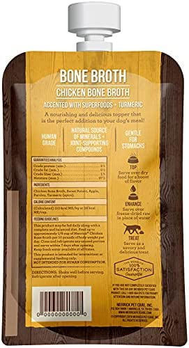 Merrick Grain Free Bone Broth Natural Dog Food Topper, Chicken Bone Broth, Accented with Superfoods & Turmeric, For Adult Dogs of All Breeds, 7 OZ Pouch (Pack of 1)