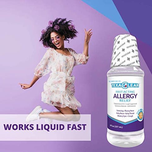 TexaClear Allergy Relief - Fast Acting Dye Free Liquid Cough Suppressant & Antihistamine – 8 Hour Relief (8 fl oz)