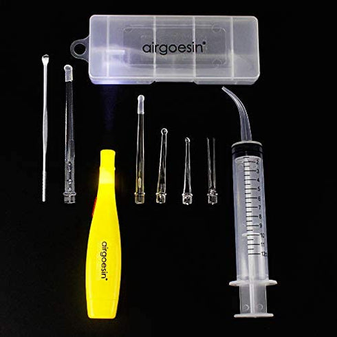 Airgoesin™ Lighted Tonsil Stone Remover Tools or Earwax Removal Tools, Yellow, 5 Tips, Tonsillolith Pick Case + 1 Irrigator Cleaner