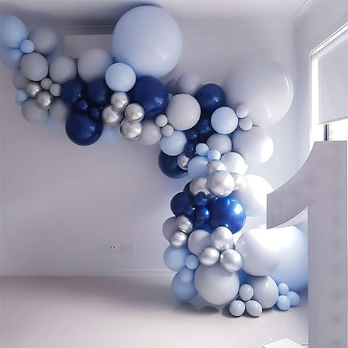 Nalwort Navy Blue Balloon Kit 135PCS 18In 12In 5In Macaron Blue Grey Metallic Sliver Balloon Arch Garland For Festival Picnic Family Engagement, Wedding, Birthday Party, Blue Theme Anniversary Celebration Decoration