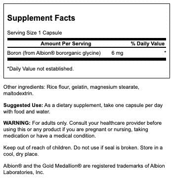 Swanson Boron from Albion - Boroganic Glycine Supplement Supporting Joint Health & Bone Health - High Absorption Formula May Support Overall Balance - (60 Capsules, 6mg Each)