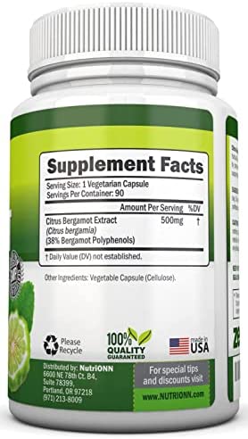 Citrus Bergamot - 500 mg - 90 Vegetarian Capsules - 38% Polyphenols - Natural Premium Quality Citrus Bergamot Extract - Promotes Healthy Triglyceride Levels