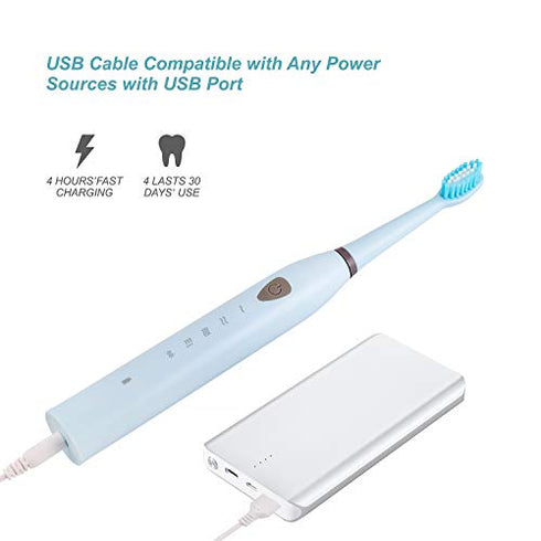 Rechargeable Electric Sonic Toothbrush for Adults 5 Modes Electric Toothbrush with 2 Mins Timer and 4 Brushheads, for Daily Tooth Whitening and Oral Care(Blue)