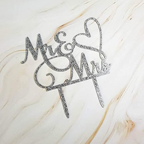 AMINJIE Mr and Mrs Cake Topper, Bride and Groom Sign Wedding/Engagement Cake Toppers Decoration, Silver Glitter Acrylic