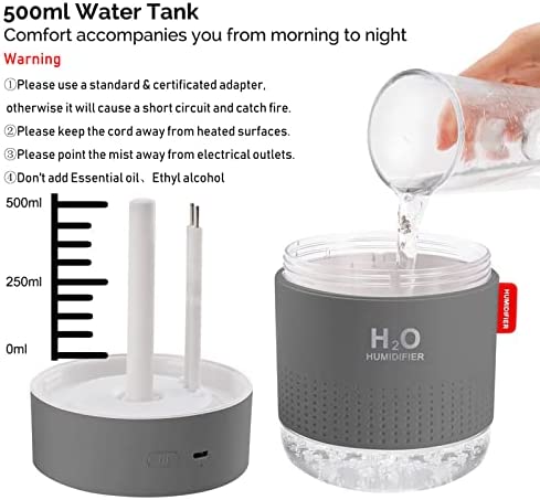 Portable Mini Humidifier, 500ml Small Cool Mist Humidifier, USB Personal Desktop Humidifier for Baby Bedroom Travel Office Home, Auto Shut-Off, 2 Mist Modes, Super Quiet, Gray