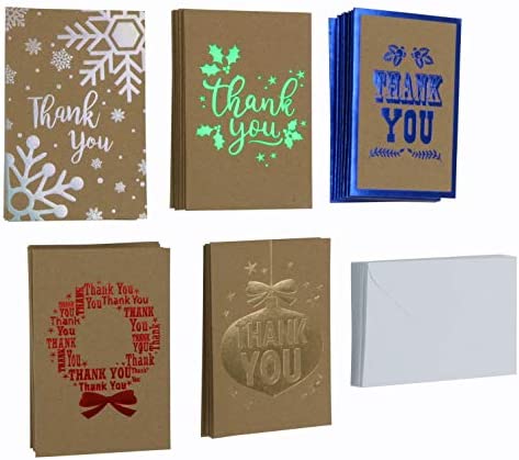 Iconikal Kraft Christmas Thank You Cards with Envelopes, Foil Embellished, 30-Count