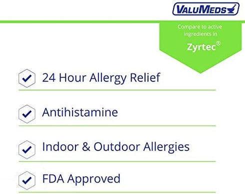 ValuMeds 24-Hour Allergy Medicine (300-Count) Antihistamine for Pollen, Hay Fever, Dry, Itchy Eyes, Allergies | Cetirizine HCl 10mg Caplets