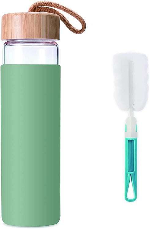 Yomious 20 Oz Borosilicate Glass Water Bottle with Bamboo Lid and Silicone Sleeve BPA Free