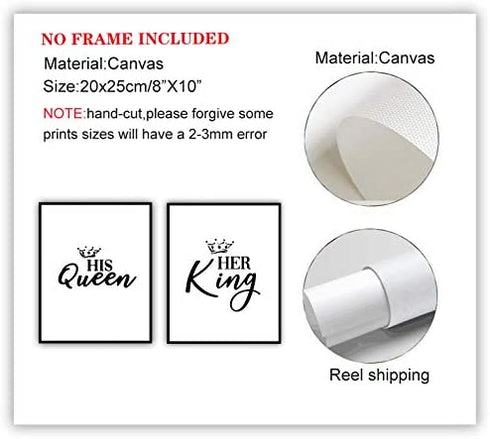 Modern Calligraphy Art Painting Set of 2 (8”X10” Canvas Picture), His Queen Her King Painting Motivational Phrases Wall Art Print Poster for Bedroom Wall or Room Home Decor,No Frame