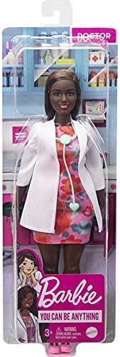 Barbie Doctor Doll (12-in/30.40-cm), Brunette Hair, Curvy Shape, Doctor Coat, Print Dress, Stethoscope Accessory, Great Toy Gift for Ages 3 Years Old & Up , White