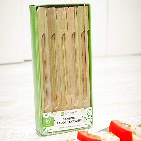 Restaurantware 6-inch Bamboo Paddle Skewers: Perfect for Serving Appetizers and Cocktail Garnishes - Natural Color - Retail Pack - 500ct - Biodegradable and Eco-Friendly