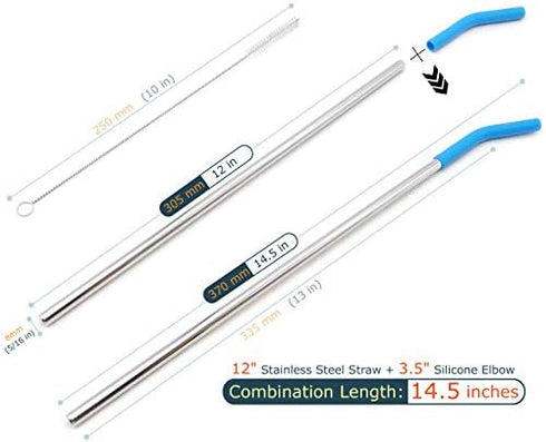 Big Drinking Straws Reusable 14.5" Extra Long 8mm Extra Wide Food-Grade 18/8 Stainless Steel Silicone Elbows Tips for Smoothie Milkshake Cocktail Juice Hot Drinks - Set of 4 + 2 Cleaning Brushes