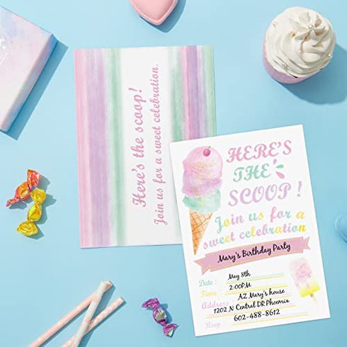 WERNNSAI Glitter Ice Cream Party Invitations with Envelopes - 20 Count Pink Sweet Popsicle Fill in Invite Cards for Girls Birthday Baby Shower Wedding Summer Pool Beach Party Supplies
